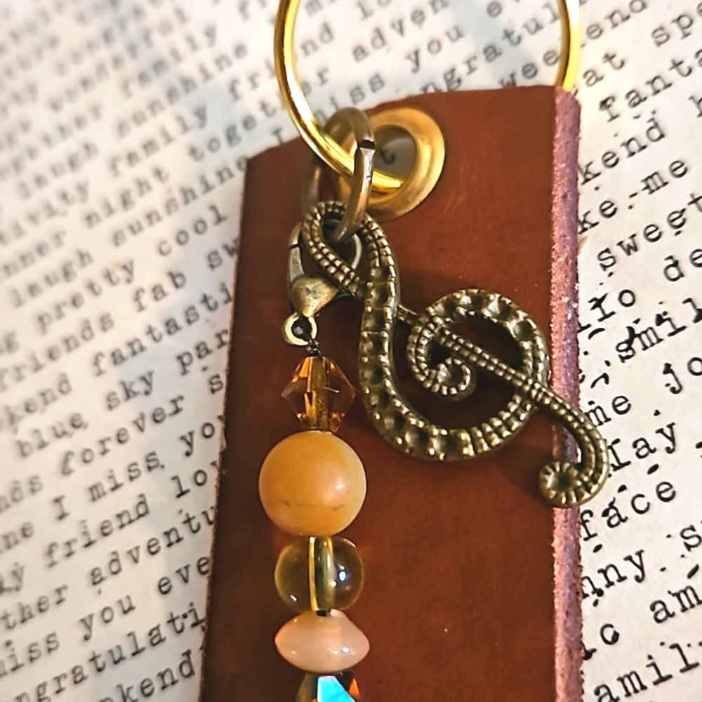 Treble Clef On Vintage leather keyring glass bead charm brass music lover ooak